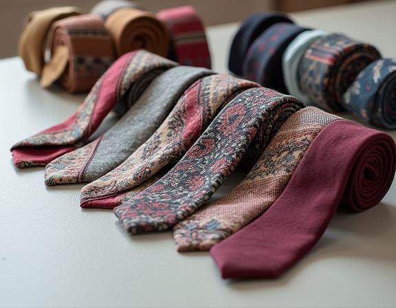 様々な生地から作られたユニークなネクタイのコレクション