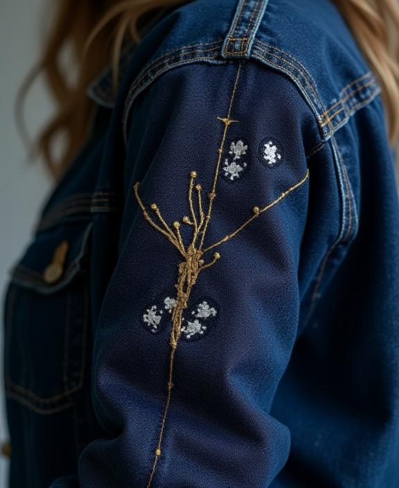 日本の刺し子と金糸で修復されたデニムジャケット